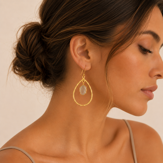 Soft Halo Earrings worn on the ear, with open teardrop frames and pale stone accents