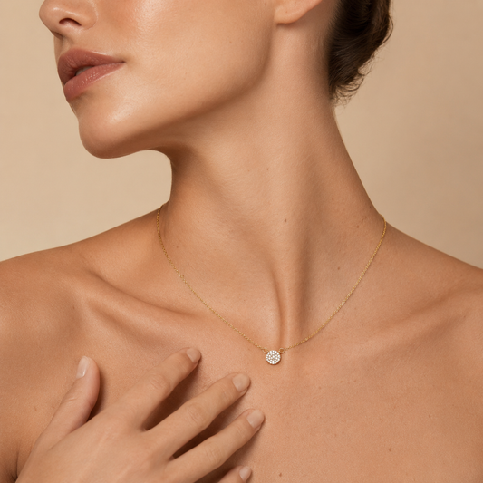 Soft Halo Necklace worn at the neckline in gold finish