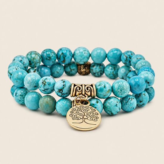 Solara Tree Bracelet with turquoise-coloured round beads and a tree motif charm
