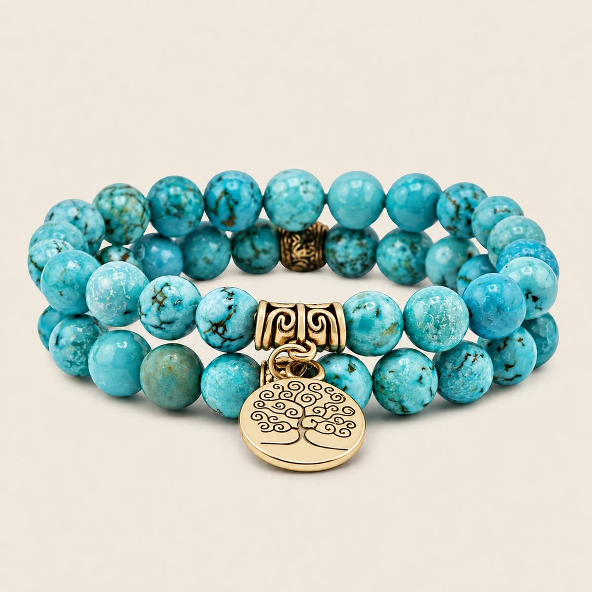 Solara Tree Bracelet with turquoise-coloured round beads and a tree motif charm
