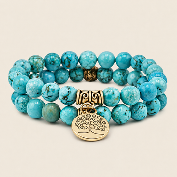 Solara Tree Bracelet with turquoise-coloured round beads and a tree motif charm