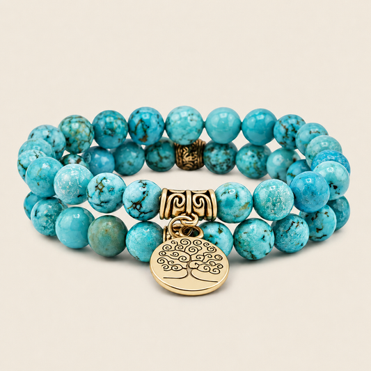 Solara Tree Bracelet with turquoise-coloured round beads and a tree motif charm