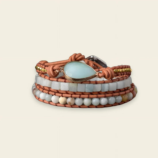 Solene Drift Bracelet with layered pale blue and cream beads with a pale oval centre