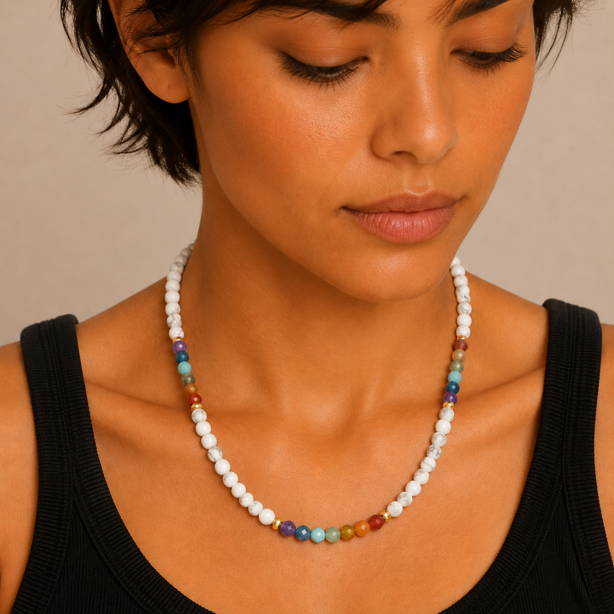 Spectrum Orbit Necklace worn at the neckline, with round beads with multicoloured accent beads