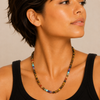 Spectrum Orbit Necklace worn at the neckline, with round beads with multicoloured accent beads