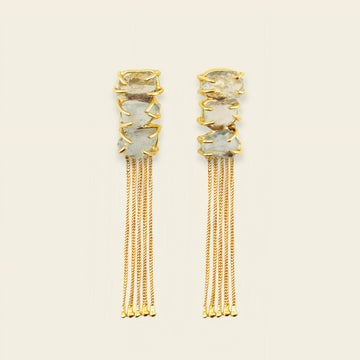 Sunlit Tassel Earrings with pale stone tops and long gold-coloured chain tassels