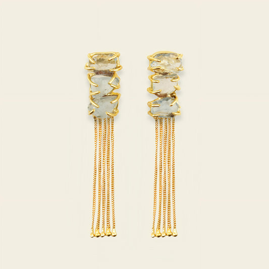 Sunlit Tassel Earrings with pale stone tops and long gold-coloured chain tassels