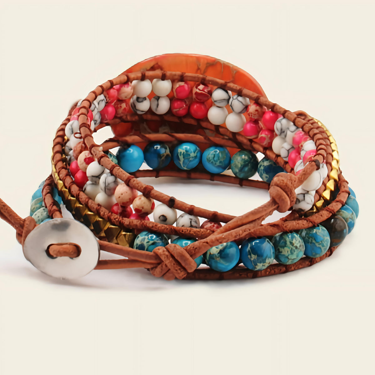 Sunset Jasper Bracelet with layered red and turquoise-coloured beads