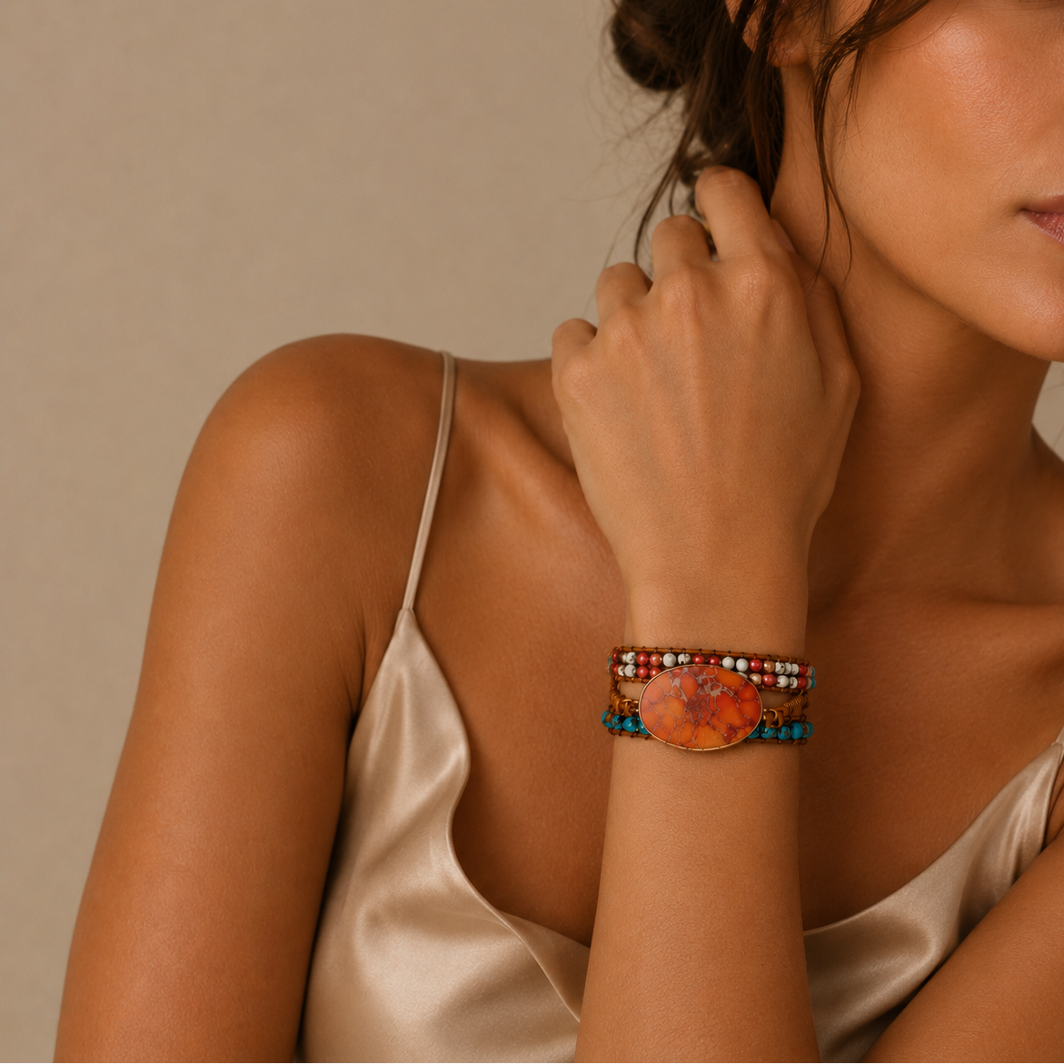 Sunset Jasper Bracelet worn on the wrist, with layered red and turquoise-coloured beads