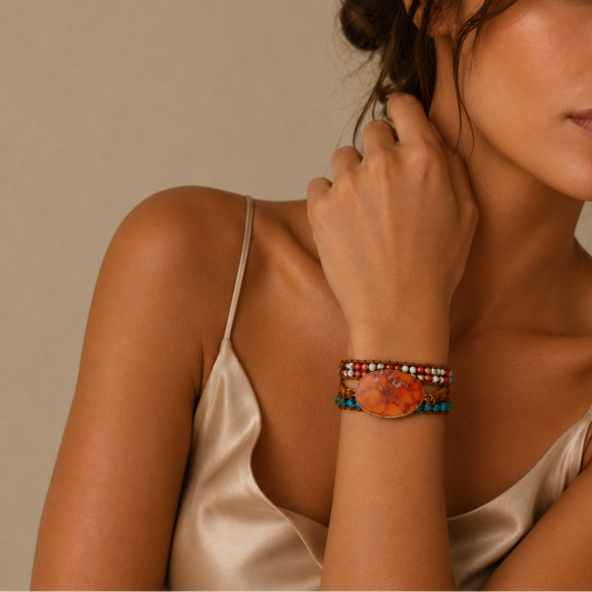 Sunset Jasper Bracelet worn on the wrist, with layered red and turquoise-coloured beads