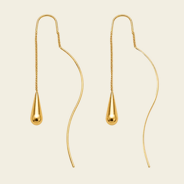 Suspended Teardrop Earrings with long curved wires and small teardrop ends in gold finish