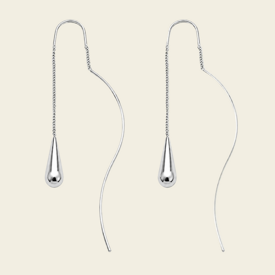Suspended Teardrop Earrings with long curved wires and small teardrop ends in silver finish