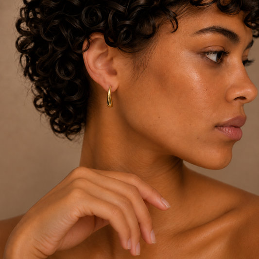 Tapered Sweep Earrings worn on the ear in gold finish