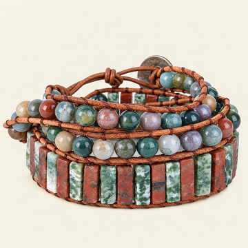 Terra Tile Bracelet with green and red stone tiles with round beads