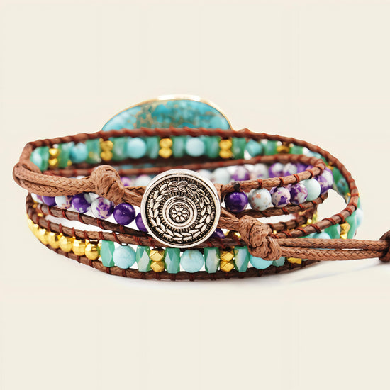 Tidehold Wrap Bracelet with layered green, turquoise-coloured and purple bead strands