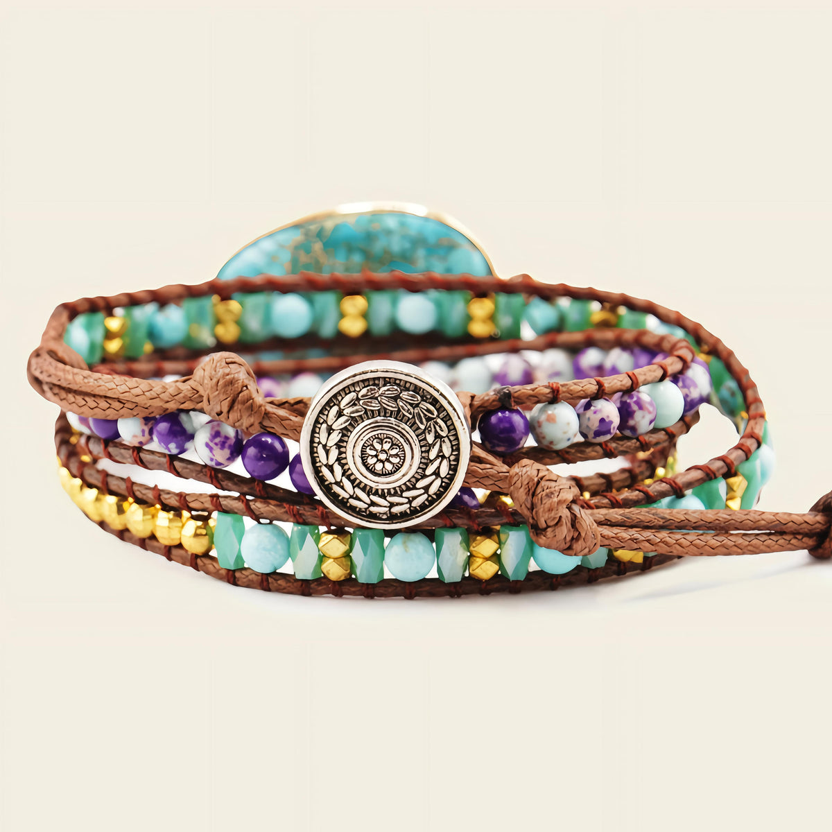 Tidehold Wrap Bracelet with layered green, turquoise-coloured and purple bead strands