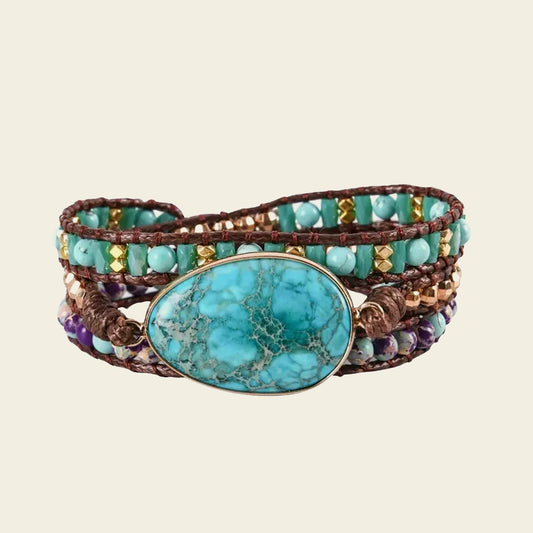 Tidehold Wrap Bracelet with layered green, turquoise-coloured and purple bead strands