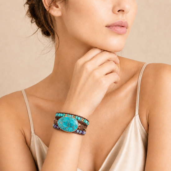 Tidehold Wrap Bracelet worn on the wrist, with layered green, turquoise-coloured and purple bead strands