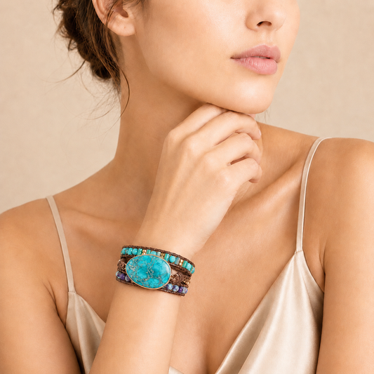 Tidehold Wrap Bracelet worn on the wrist, with layered green, turquoise-coloured and purple bead strands