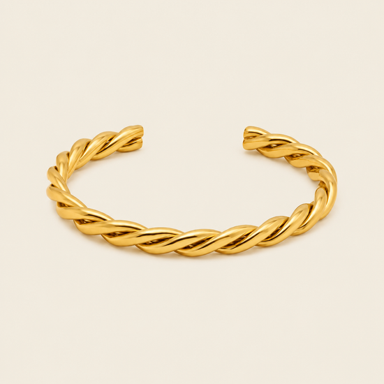 Twisted Strand Cuff with a twisted rope-shaped open band in gold finish