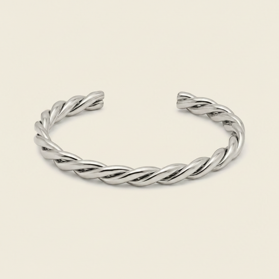 Twisted Strand Cuff with a twisted rope-shaped open band in silver finish