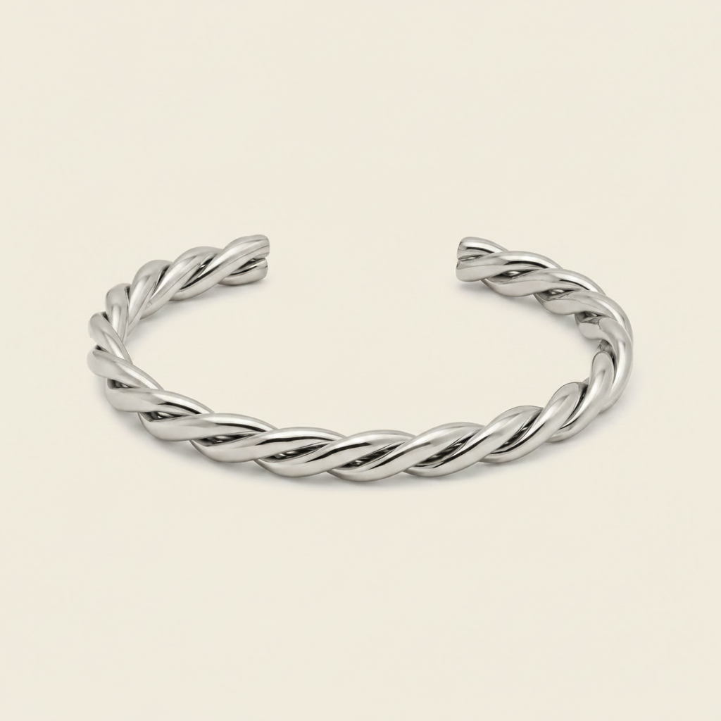 Twisted Strand Cuff with a twisted rope-shaped open band in silver finish