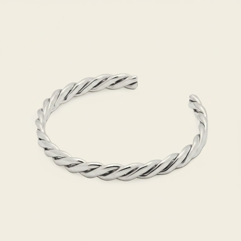 Twisted Strand Cuff with a twisted rope-shaped open band in silver finish