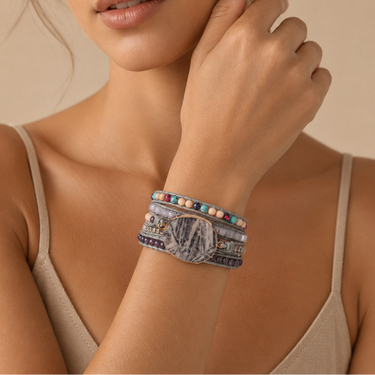 Veined Calm Bracelet worn on the wrist, with layered purple, grey and multicoloured beads