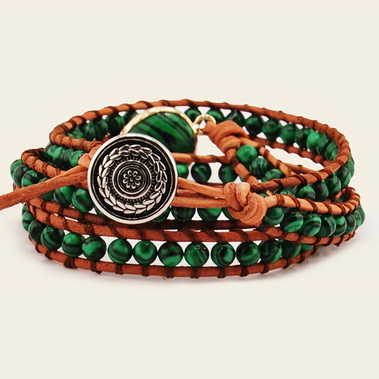 Verdant Hold Bracelet with layered green beads on brown cord