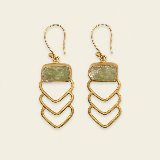 Verdant Line Earrings with green stone tops and stacked open chevrons