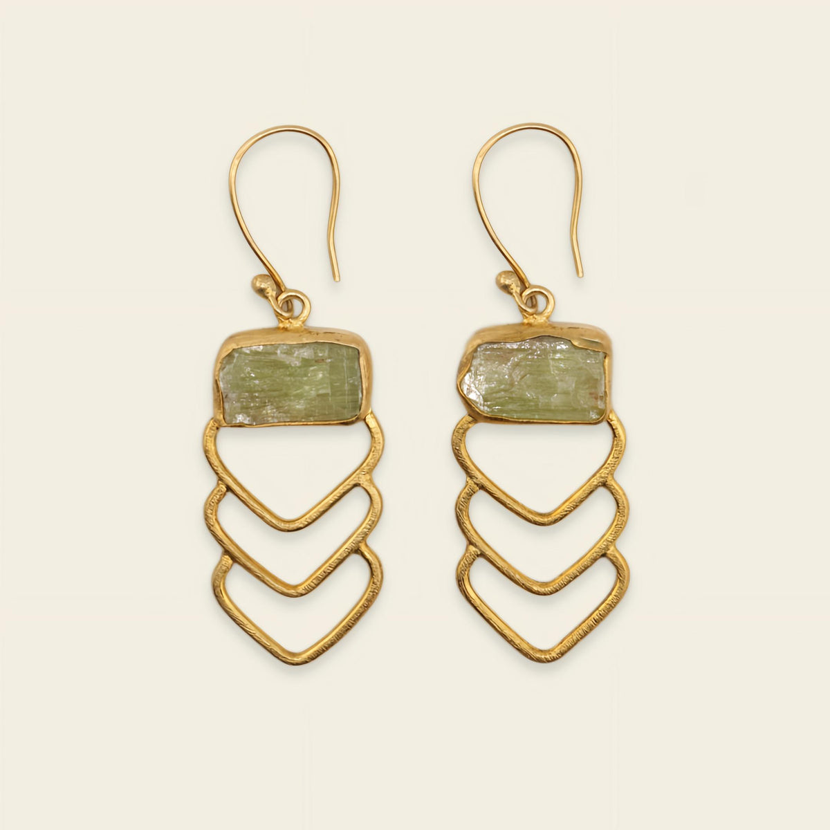 Verdant Line Earrings with green stone tops and stacked open chevrons