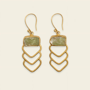 Verdant Line Earrings with green stone tops and stacked open chevrons