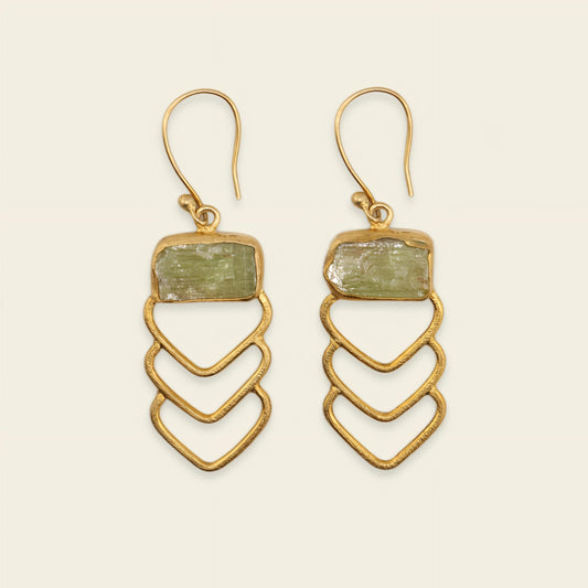 Verdant Line Earrings with green stone tops and stacked open chevrons