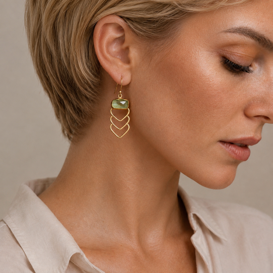 Verdant Line Earrings worn on the ear, with green stone tops and stacked open chevrons