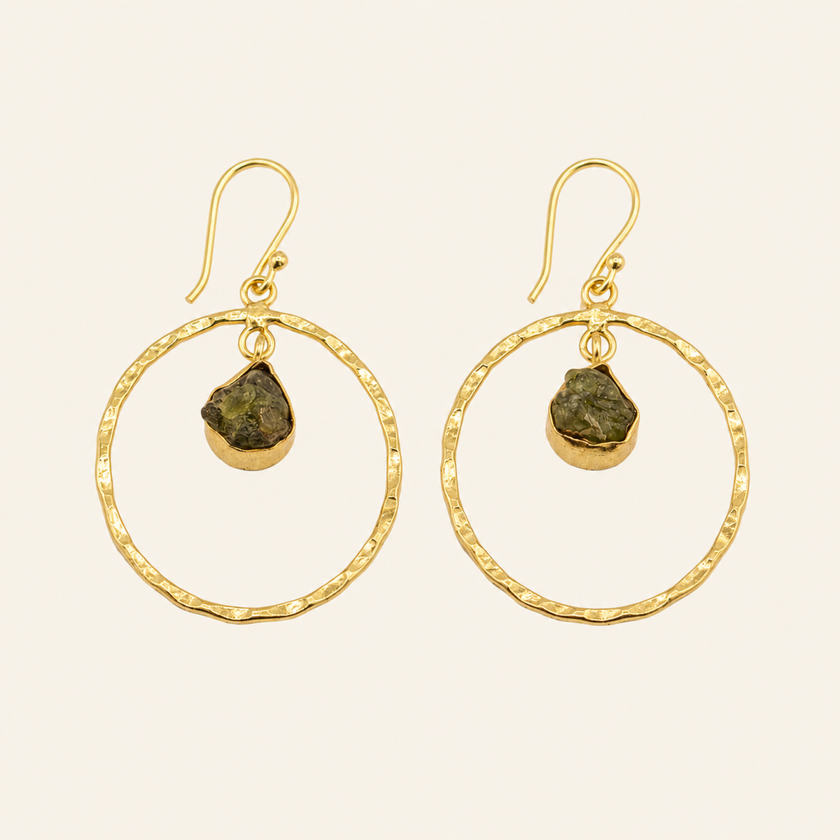 Verdant Loop Earrings with open circular gold-coloured frames and green stone drops