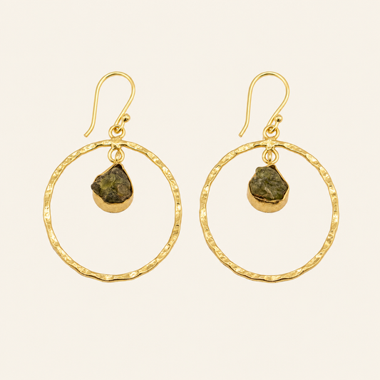 Verdant Loop Earrings with open circular gold-coloured frames and green stone drops