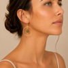 Verdant Loop Earrings worn on the ear, with open circular gold-coloured frames and green stone drops