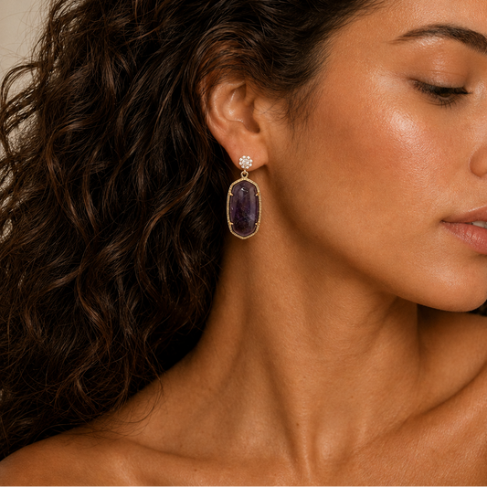 Violet Drift Earrings worn on the ear, with purple rectangular stone drops