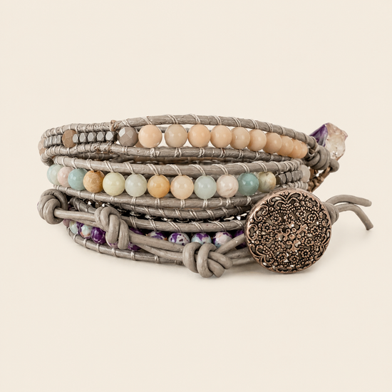 Violet Wrap Bracelet with layered pale and purple bead strands