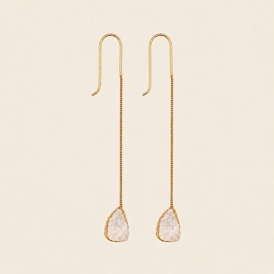 Whisper Drop Earrings with long fine gold-coloured stems and pale teardrop drops