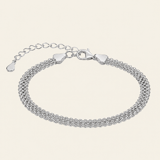 Woven Link Bracelet with a flat woven chain in silver finish