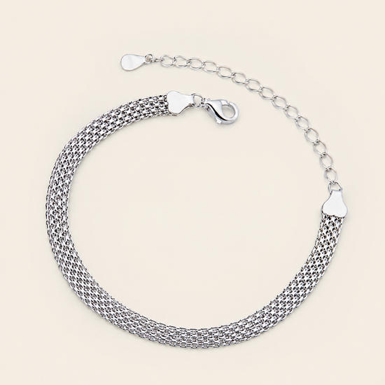 Woven Link Bracelet with a flat woven chain in silver finish