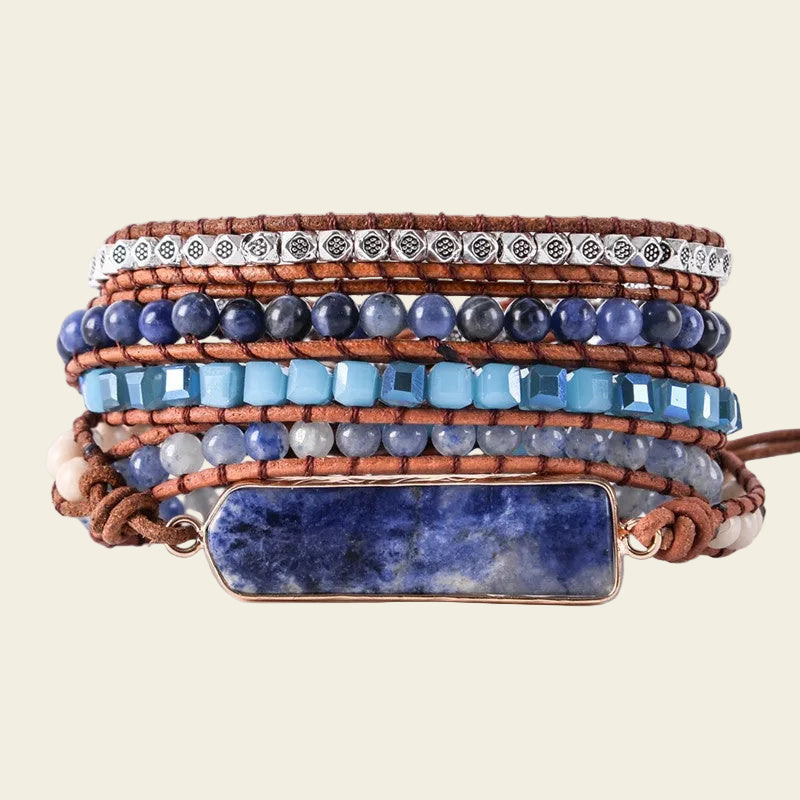 Deep Current Bracelet with layered blue tiles and round beads