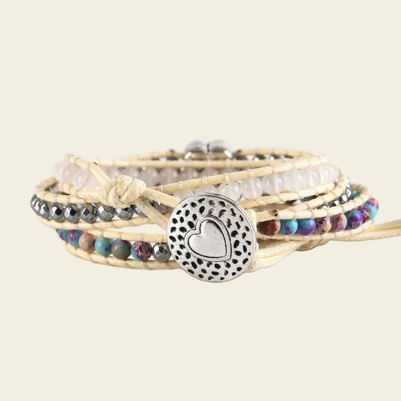 Mom Heart Bracelet with beadwork and cord detail