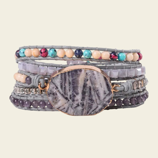 Veined Calm Bracelet with layered purple, grey and multicoloured beads
